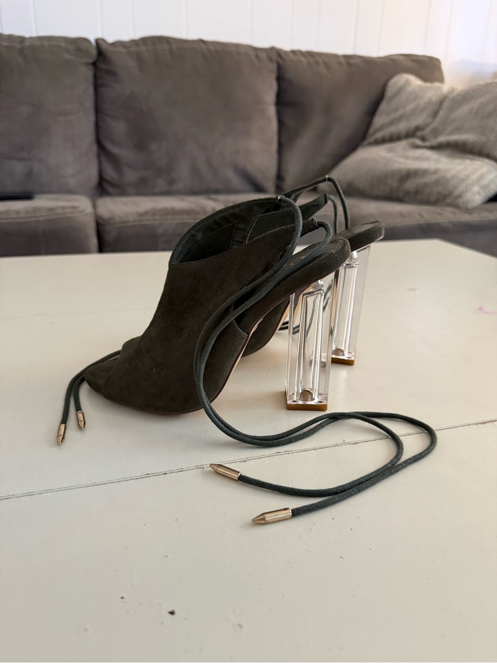 Olivia Ferguson Dark Olive Green Suede Clear Block Heels Lucite Sandals Glam